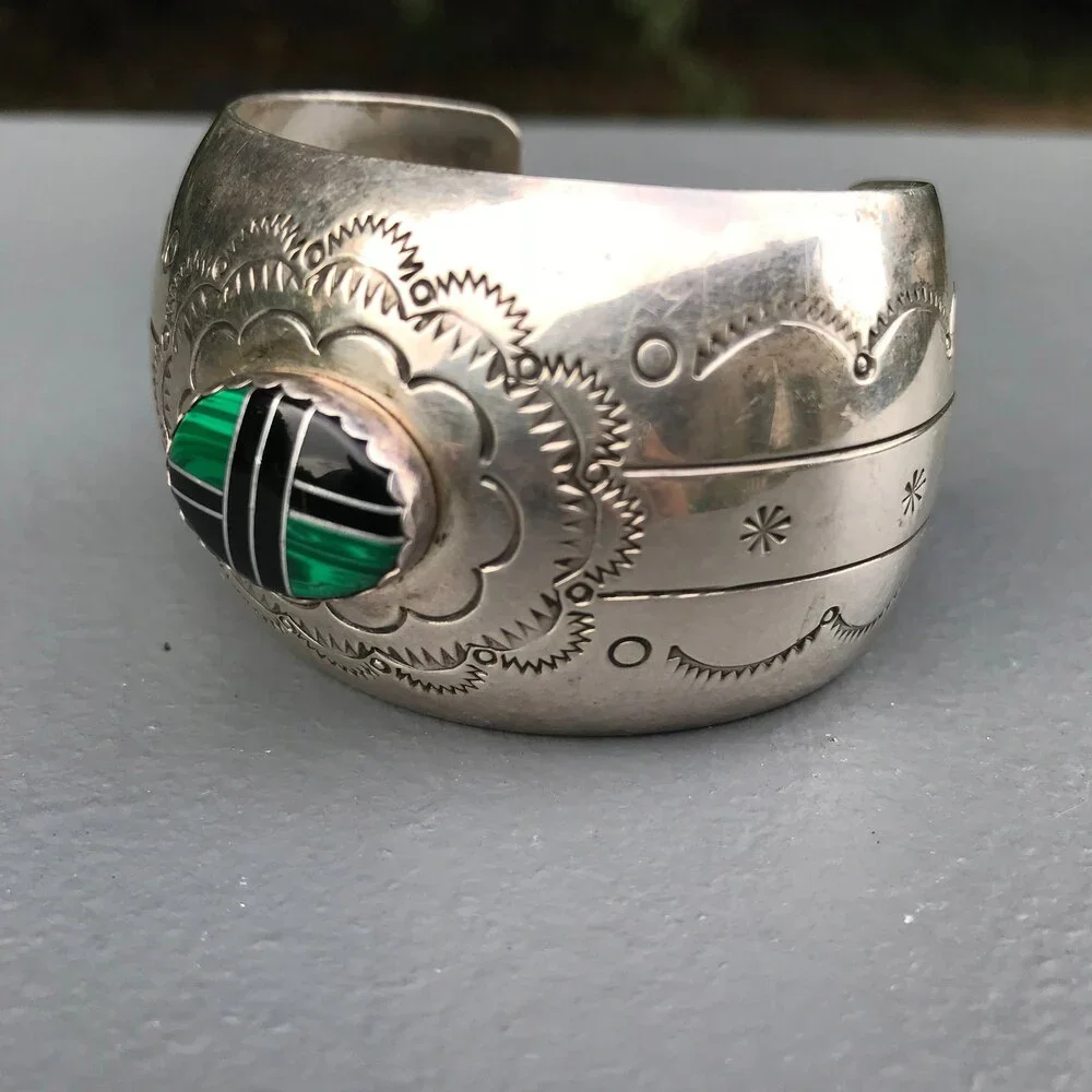 Vintage Sterling Silver Cuff Bracelet Inlay work Stamped Mexican Silver Jewelry - Picture 1 of 8